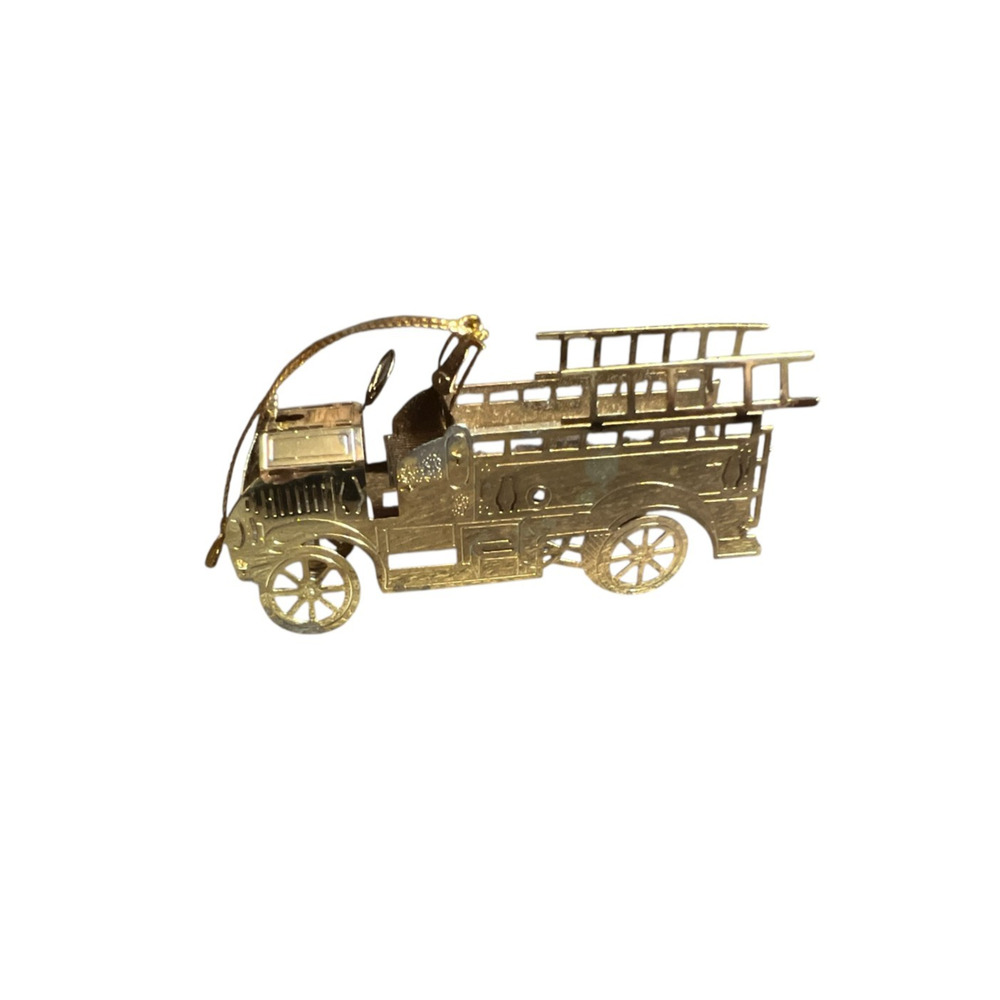 Russ Berrie Vintage Gold Tone Metal Fire Truck Ornament‎ Filigree Fire Engine